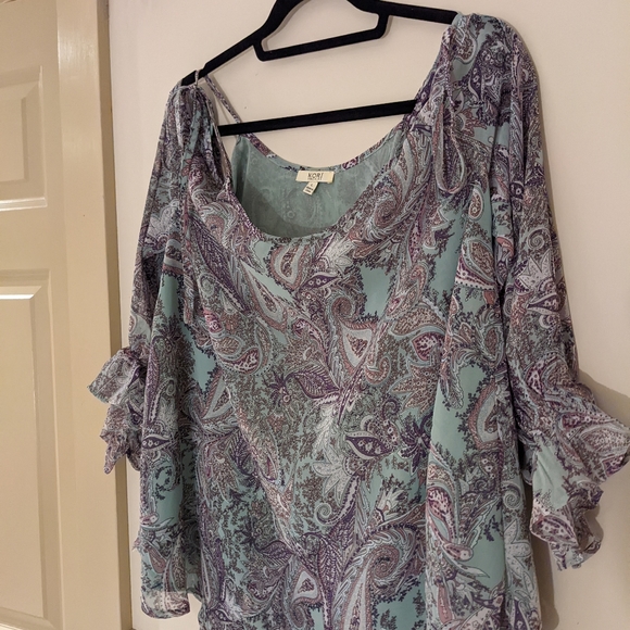 KORI Paisley Green and Purple Boho Cold Shoulder with Ties Top Size Large - Picture 6 of 11